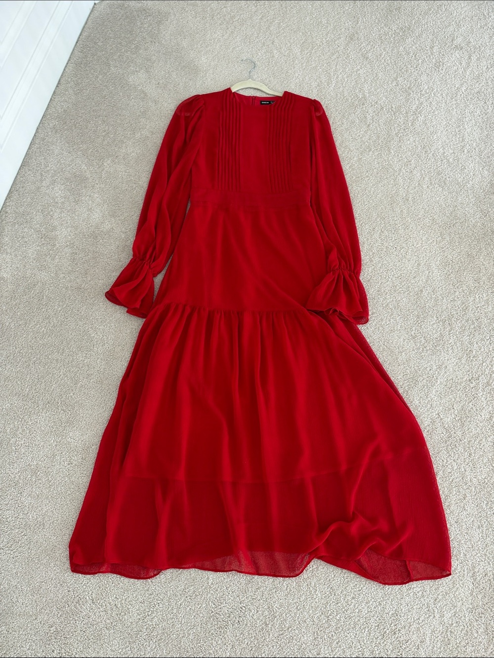 SHEIN Red Long-Sleeve Pintuck Tiered Maxi Dress